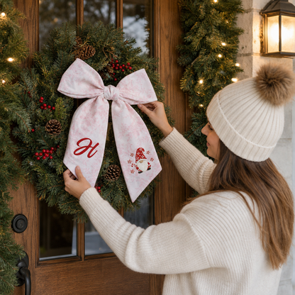 Personalized Monogram Christmas Gnome Embroidered Linen Wreath Sash, Custom Holiday Initial Bow Sash for Door Decor