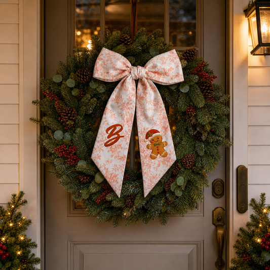Custom Letter Gingerbread Man Gingham Embroidered Linen Wreath Sash, Personalized Monogram Holiday Bow Sash for Door Decor