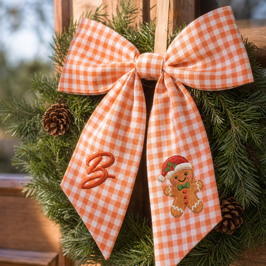Custom Letter Gingerbread Man Gingham Embroidered Linen Wreath Sash, Personalized Monogram Holiday Bow Sash for Door Decor