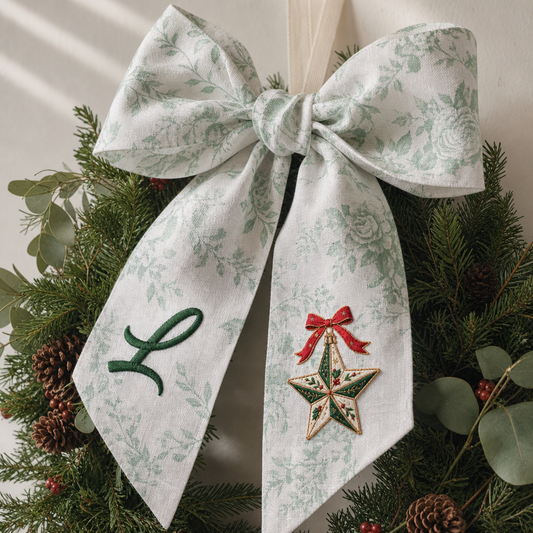 Custom Letter Christmas Star Embroidered Linen Wreath Sash, Personalized Monogram Holiday Bow Sash for Door Decor