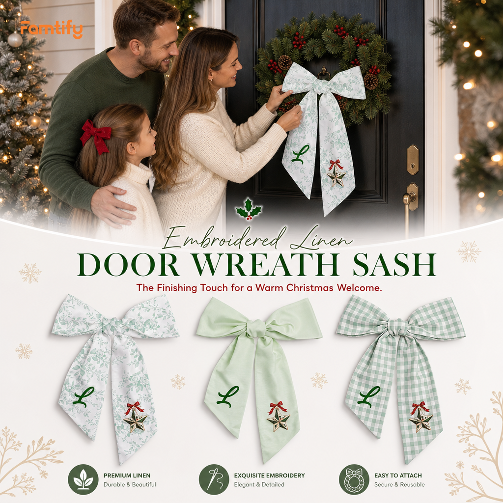 Custom Letter Christmas Star Embroidered Linen Wreath Sash, Personalized Monogram Holiday Bow Sash for Door Decor