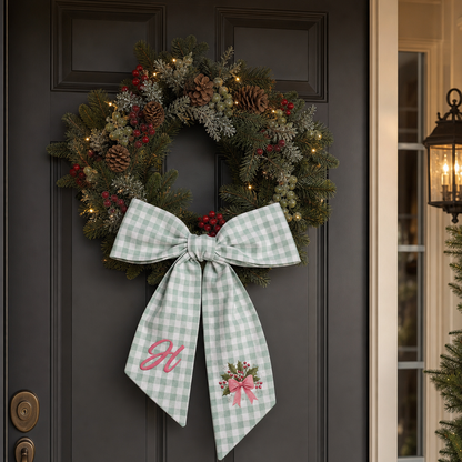 Custom Letter Holly Berries Bow Embroidered Linen Wreath Sash, Personalized Monogram Holiday Bow Sash for Door Decor
