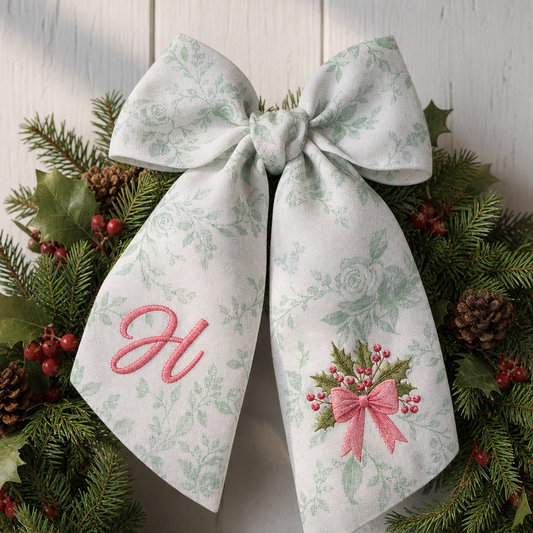 Custom Letter Holly Berries Bow Embroidered Linen Wreath Sash, Personalized Monogram Holiday Bow Sash for Door Decor
