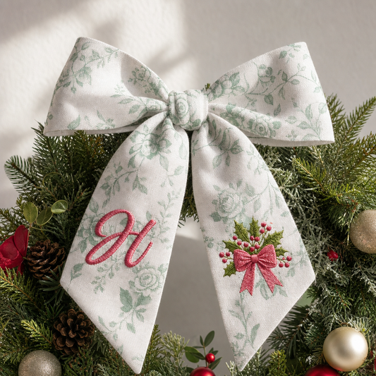 Custom Letter Holly Berries Bow Embroidered Linen Wreath Sash, Personalized Monogram Holiday Bow Sash for Door Decor