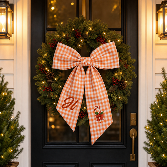 Custom Letter Candy Cane Embroidered Linen Wreath Sash, Personalized Monogram Holiday Bow Sash for Door Decor