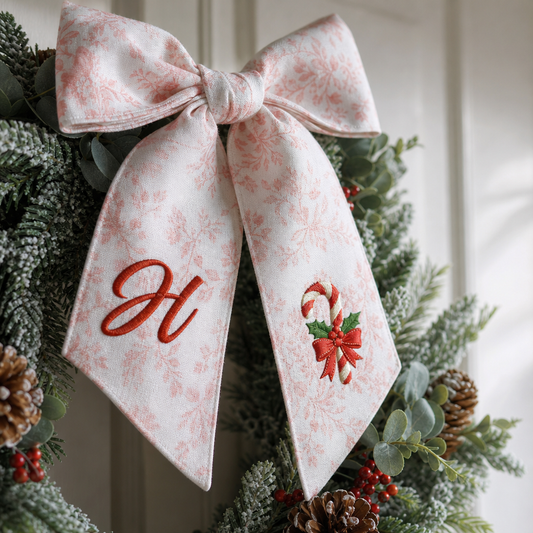 Custom Letter Candy Cane Embroidered Linen Wreath Sash, Personalized Monogram Holiday Bow Sash for Door Decor