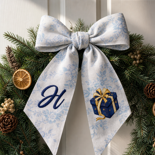 Custom Letter Christmas Gift Box Embroidered Linen Wreath Sash, Personalized Monogram Holiday Bow Sash for Door Decor