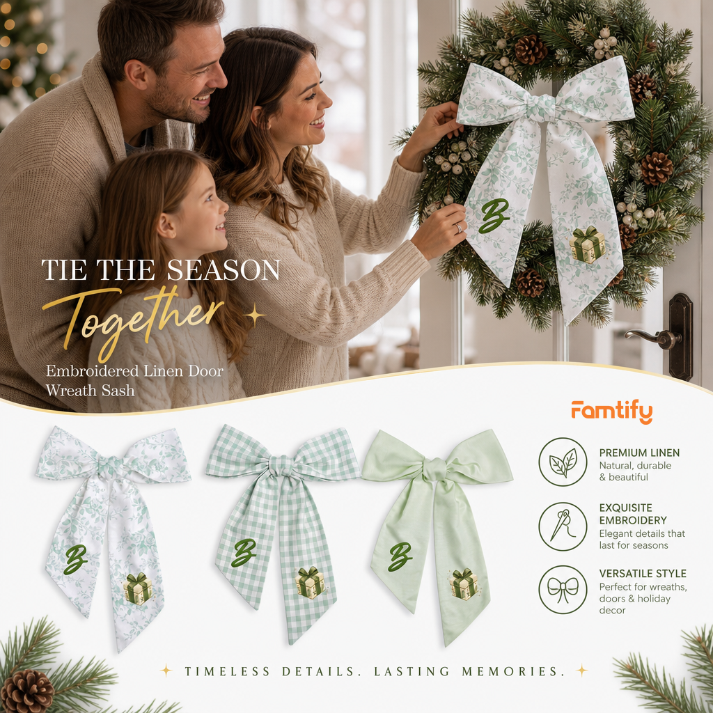 Custom Letter Green Bow Christmas Gift Box Embroidered Linen Wreath Sash, Personalized Monogram Holiday Bow Sash for Door Decor