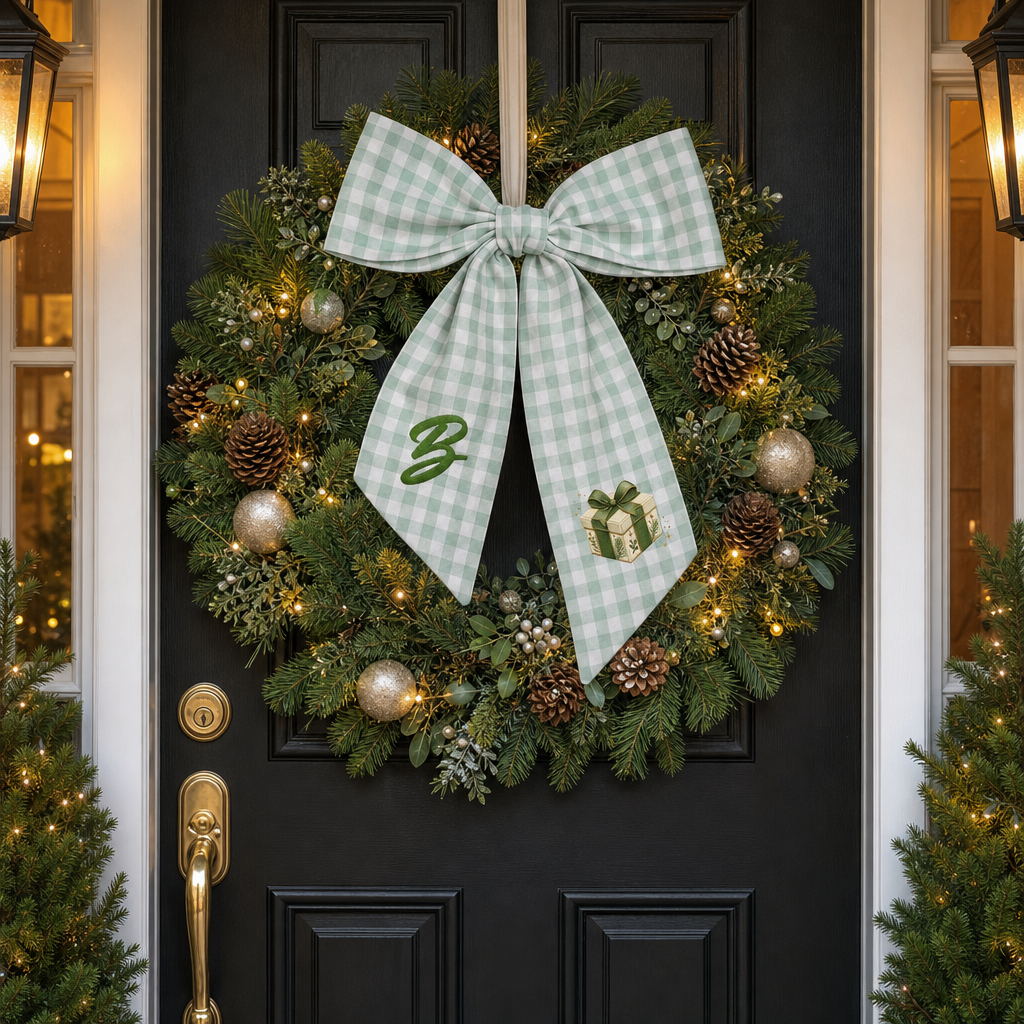 Custom Letter Green Bow Christmas Gift Box Embroidered Linen Wreath Sash, Personalized Monogram Holiday Bow Sash for Door Decor