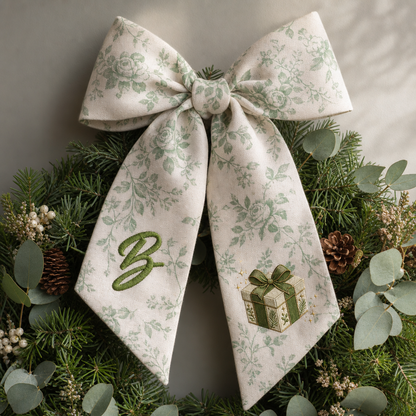 Custom Letter Green Bow Christmas Gift Box Embroidered Linen Wreath Sash, Personalized Monogram Holiday Bow Sash for Door Decor