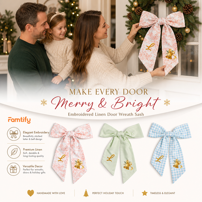Custom Letter Golden Christmas Bell Embroidered Linen Wreath Sash, Personalized Monogram Holiday Bow Sash for Door Decor