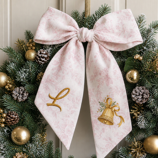 Custom Letter Golden Christmas Bell Embroidered Linen Wreath Sash, Personalized Monogram Holiday Bow Sash for Door Decor