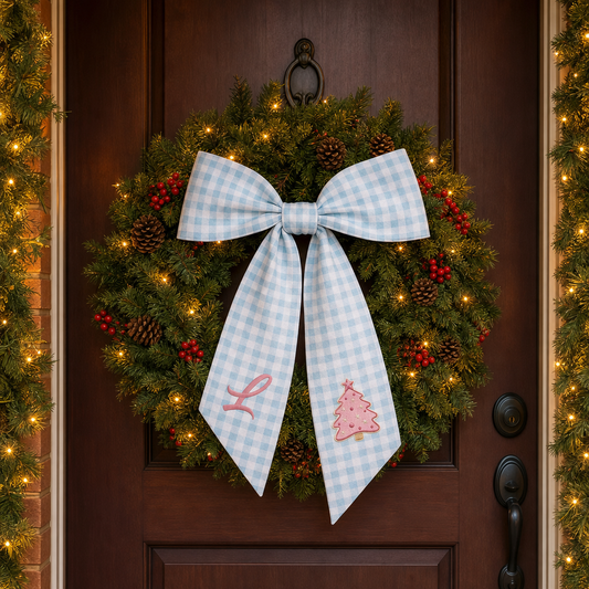 Custom Letter Pink Christmas Tree Embroidered Linen Wreath Sash, Personalized Monogram Holiday Bow Sash for Door Decor