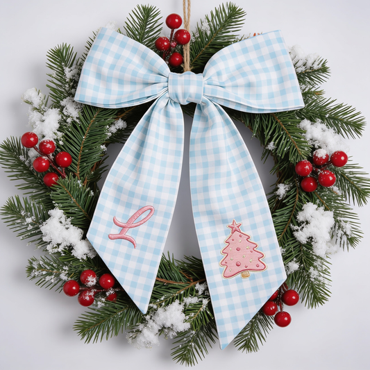 Custom Letter Pink Christmas Tree Embroidered Linen Wreath Sash, Personalized Monogram Holiday Bow Sash for Door Decor