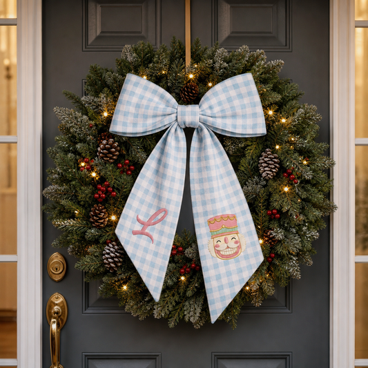 Custom Letter Christmas Nutcracker Embroidered Linen Wreath Sash, Personalized Monogram Holiday Bow Sash for Door Decor