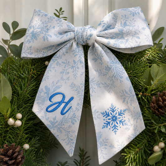 Custom Letter Snowflake Embroidered Linen Wreath Sash, Personalized Monogram Winter Holiday Bow Sash for Door Decor
