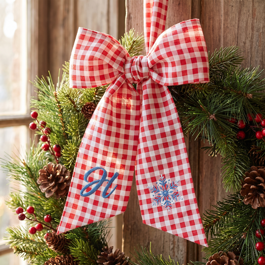Custom Letter Snowflake Embroidered Linen Wreath Sash, Personalized Monogram Winter Holiday Bow Sash for Door Decor