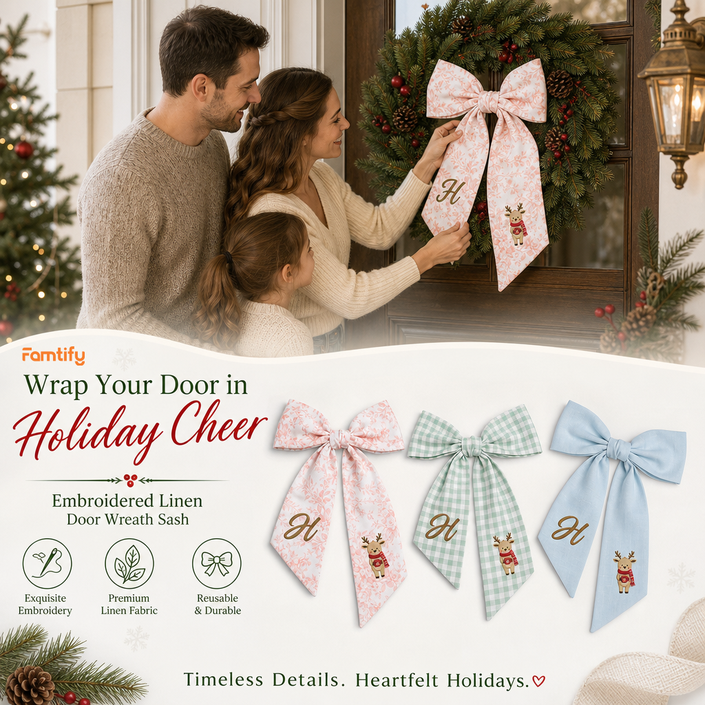 Custom Letter Christmas Reindeer Embroidered Linen Wreath Sash, Personalized Monogram Holiday Bow Sash for Door Decor