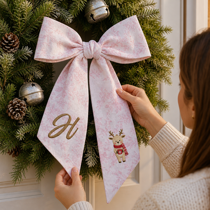 Custom Letter Christmas Reindeer Embroidered Linen Wreath Sash, Personalized Monogram Holiday Bow Sash for Door Decor