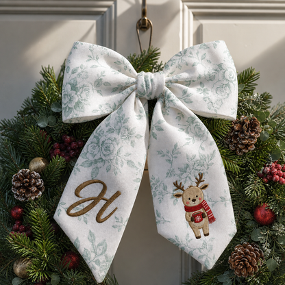 Custom Letter Christmas Reindeer Embroidered Linen Wreath Sash, Personalized Monogram Holiday Bow Sash for Door Decor