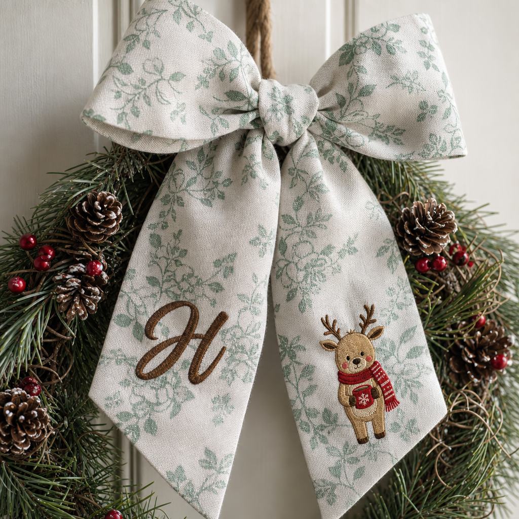 Custom Letter Christmas Reindeer Embroidered Linen Wreath Sash, Personalized Monogram Holiday Bow Sash for Door Decor