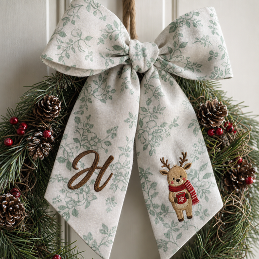 Custom Letter Christmas Reindeer Embroidered Linen Wreath Sash, Personalized Monogram Holiday Bow Sash for Door Decor