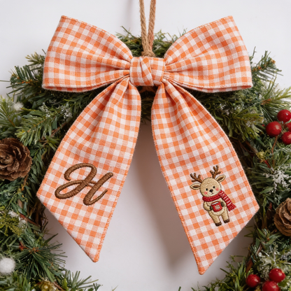 Custom Letter Christmas Reindeer Embroidered Linen Wreath Sash, Personalized Monogram Holiday Bow Sash for Door Decor