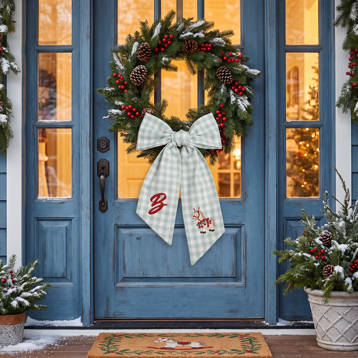 Custom Letter Christmas Rocking Horse Embroidered Linen Wreath Sash, Personalized Monogram Holiday Bow Sash for Door Decor