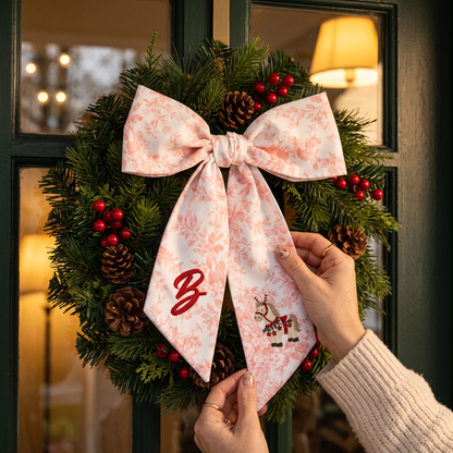 Custom Letter Christmas Rocking Horse Embroidered Linen Wreath Sash, Personalized Monogram Holiday Bow Sash for Door Decor