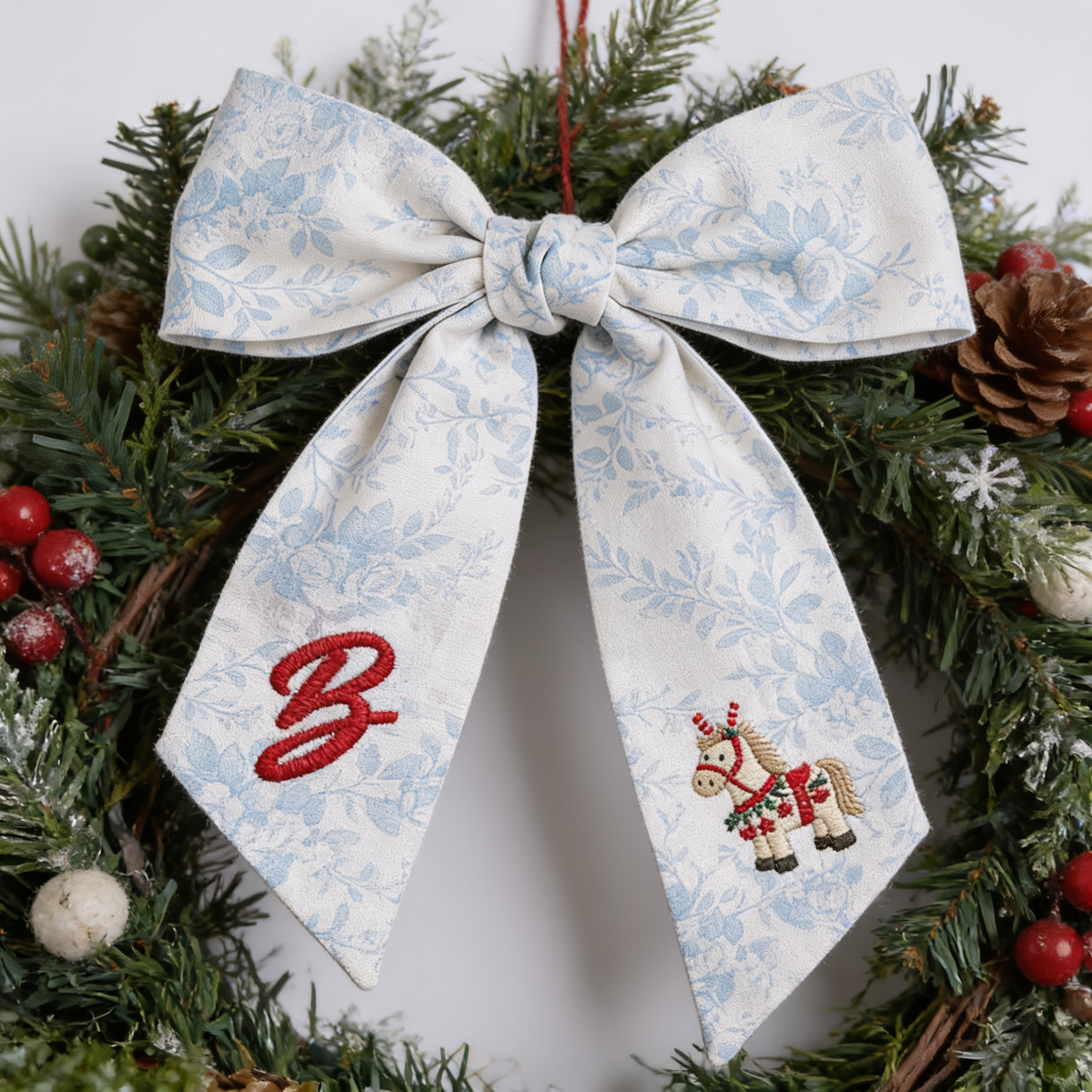 Custom Letter Christmas Rocking Horse Embroidered Linen Wreath Sash, Personalized Monogram Holiday Bow Sash for Door Decor