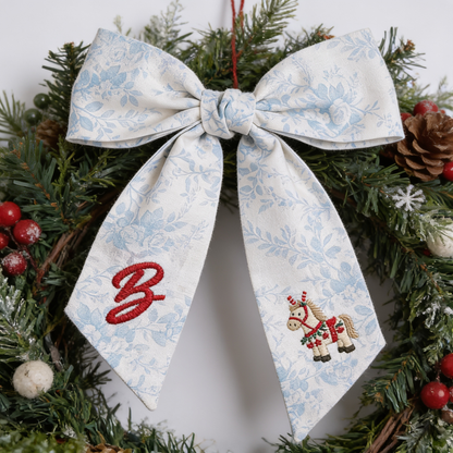 Custom Letter Christmas Rocking Horse Embroidered Linen Wreath Sash, Personalized Monogram Holiday Bow Sash for Door Decor