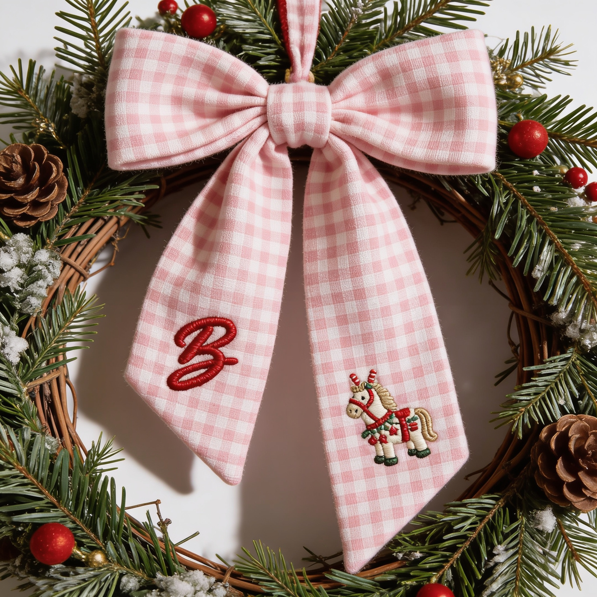Custom Letter Christmas Rocking Horse Embroidered Linen Wreath Sash, Personalized Monogram Holiday Bow Sash for Door Decor