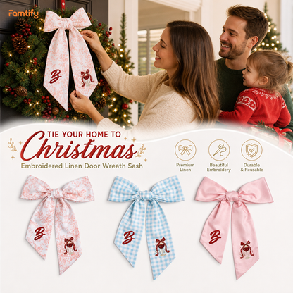 Custom Letter Christmas Red Wine Glass Embroidered Linen Wreath Sash, Personalized Monogram Holiday Bow Sash for Door Decor