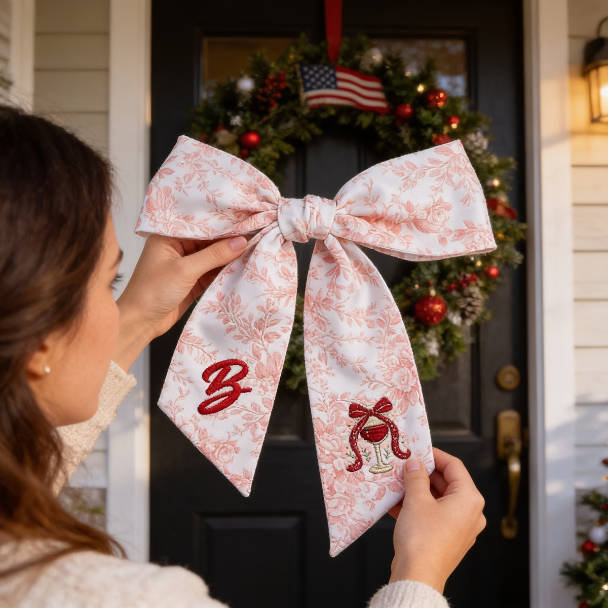 Custom Letter Christmas Red Wine Glass Embroidered Linen Wreath Sash, Personalized Monogram Holiday Bow Sash for Door Decor
