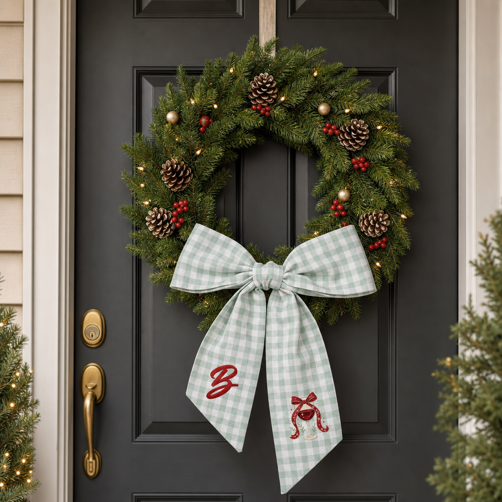 Custom Letter Christmas Red Wine Glass Embroidered Linen Wreath Sash, Personalized Monogram Holiday Bow Sash for Door Decor
