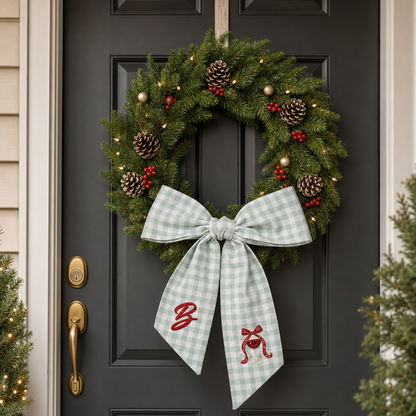 Custom Letter Christmas Red Wine Glass Embroidered Linen Wreath Sash, Personalized Monogram Holiday Bow Sash for Door Decor