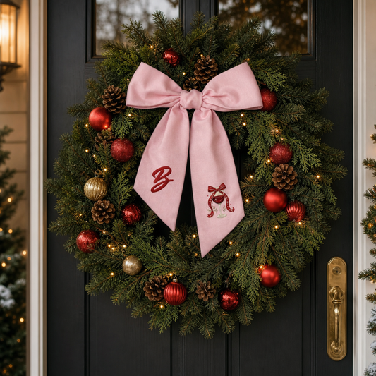 Custom Letter Christmas Red Wine Glass Embroidered Linen Wreath Sash, Personalized Monogram Holiday Bow Sash for Door Decor