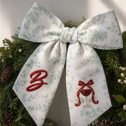Custom Letter Christmas Red Wine Glass Embroidered Linen Wreath Sash, Personalized Monogram Holiday Bow Sash for Door Decor