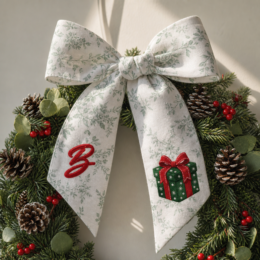 Custom Letter Red Bow Green Gift Box Embroidered Linen Wreath Sash, Personalized Monogram Holiday Bow Sash for Door Decor