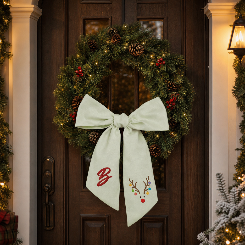 Custom Letter Reindeer Antlers Lights Embroidered Linen Wreath Sash, Personalized Monogram Holiday Bow Sash for Door Decor
