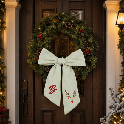 Custom Letter Reindeer Antlers Lights Embroidered Linen Wreath Sash, Personalized Monogram Holiday Bow Sash for Door Decor