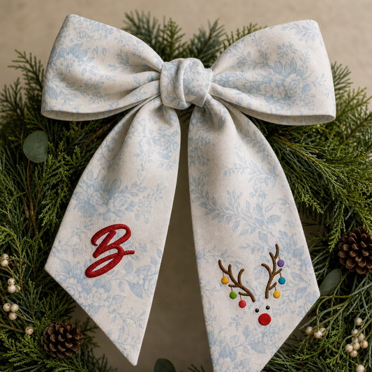 Custom Letter Reindeer Antlers Lights Embroidered Linen Wreath Sash, Personalized Monogram Holiday Bow Sash for Door Decor