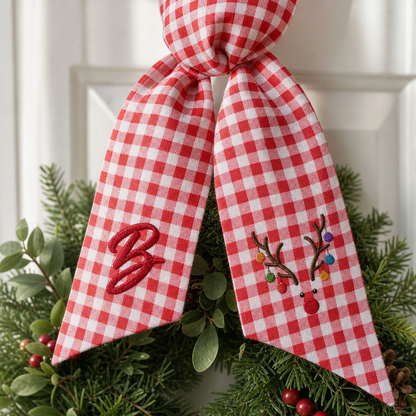Custom Letter Reindeer Antlers Lights Embroidered Linen Wreath Sash, Personalized Monogram Holiday Bow Sash for Door Decor