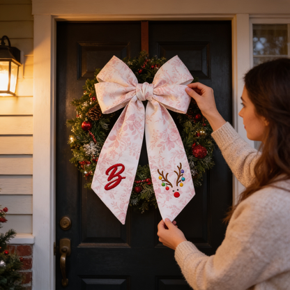 Custom Letter Reindeer Antlers Lights Embroidered Linen Wreath Sash, Personalized Monogram Holiday Bow Sash for Door Decor