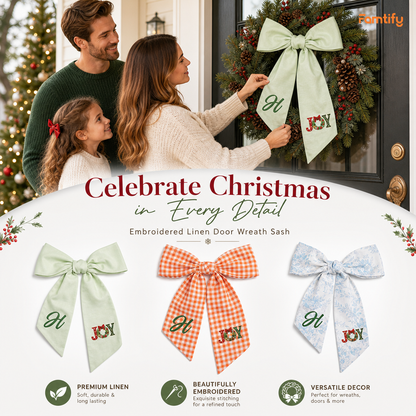 Custom Letter Christmas Joy Wreath Embroidered Linen Wreath Sash, Personalized Monogram Holiday Bow Sash for Door Decor