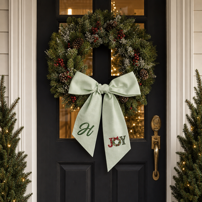 Custom Letter Christmas Joy Wreath Embroidered Linen Wreath Sash, Personalized Monogram Holiday Bow Sash for Door Decor