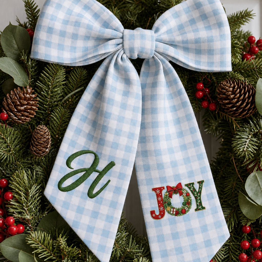 Custom Letter Christmas Joy Wreath Embroidered Linen Wreath Sash, Personalized Monogram Holiday Bow Sash for Door Decor