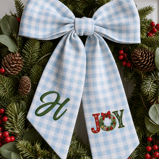 Custom Letter Christmas Joy Wreath Embroidered Linen Wreath Sash, Personalized Monogram Holiday Bow Sash for Door Decor