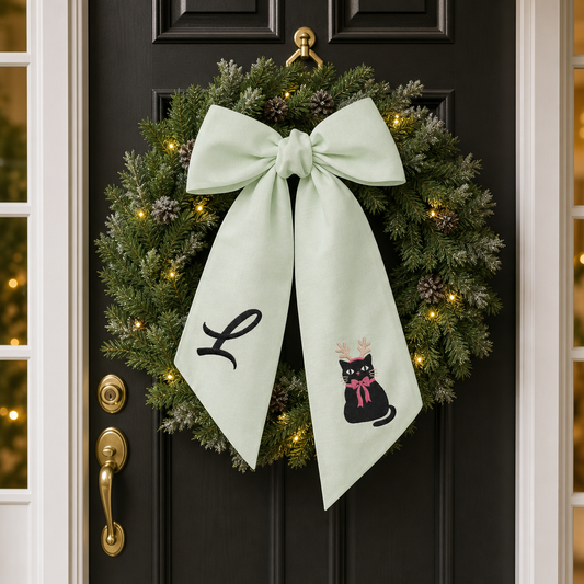 Custom Letter Christmas Black Cat Embroidered Linen Wreath Sash, Personalized Monogram Holiday Bow Sash for Door Decor