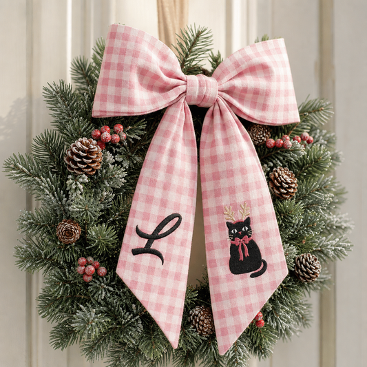 Custom Letter Christmas Black Cat Embroidered Linen Wreath Sash, Personalized Monogram Holiday Bow Sash for Door Decor
